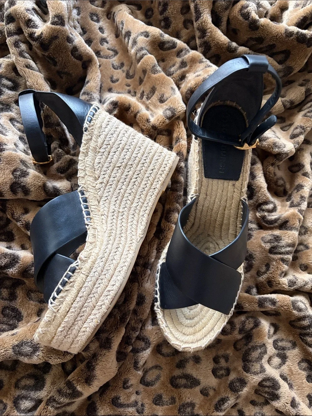 Tory Burch Black Leather Crisscross Espadrille Wedges with Gold Buckle